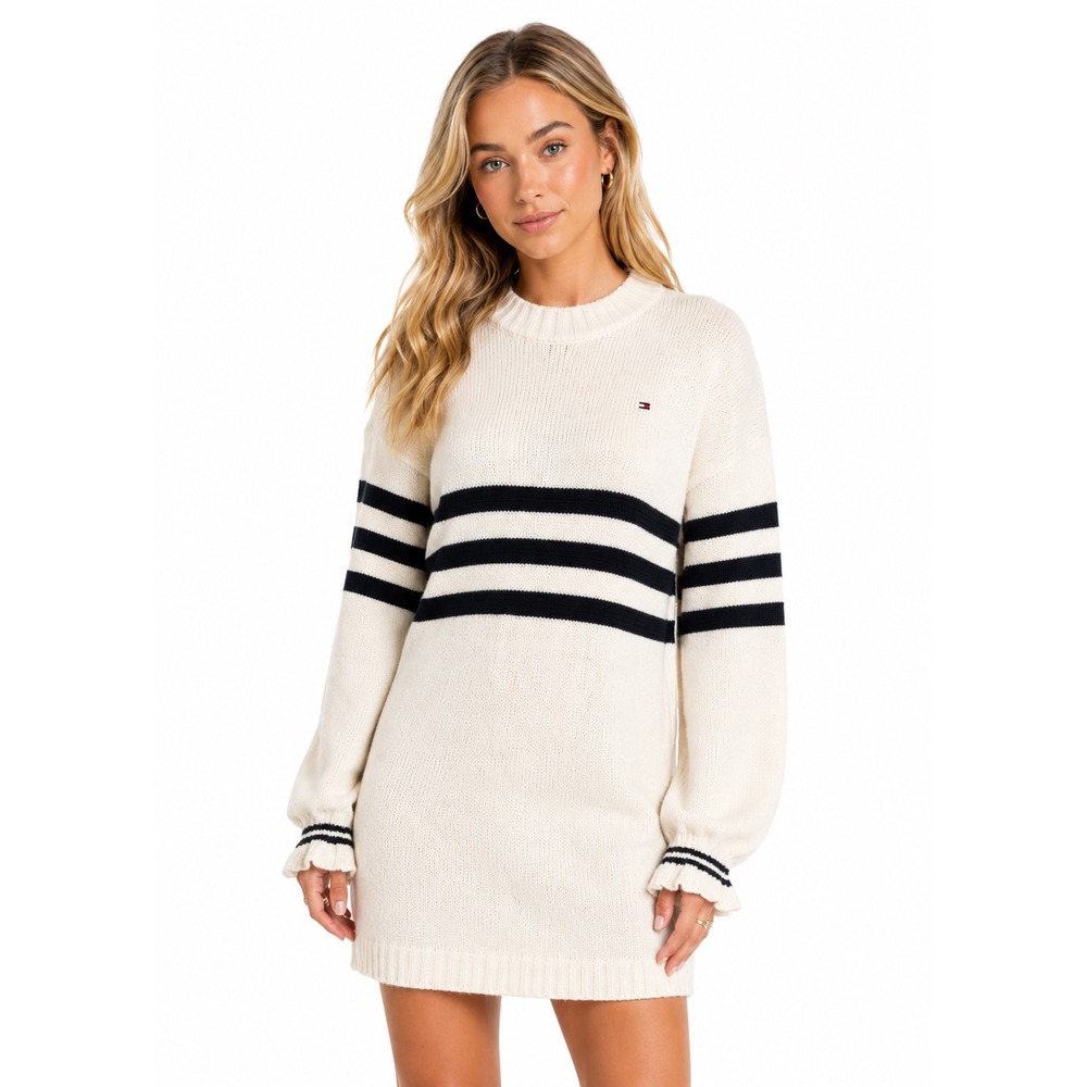 Tommy Hilfiger Knit Mini Sweater Dress Juniors 16 Ruffle Cuff White Preppy